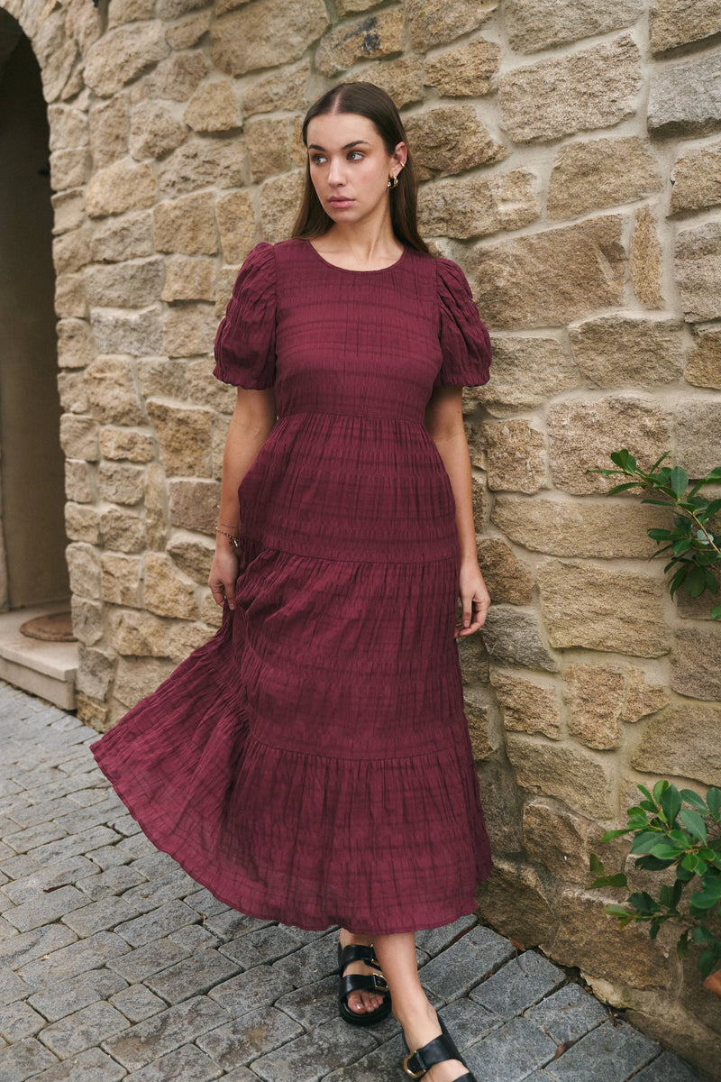 Ivy + Jack Graceful Burgundy Shirred Cotton Bubble Short Sleeve Tiered –  Stitch Boutique