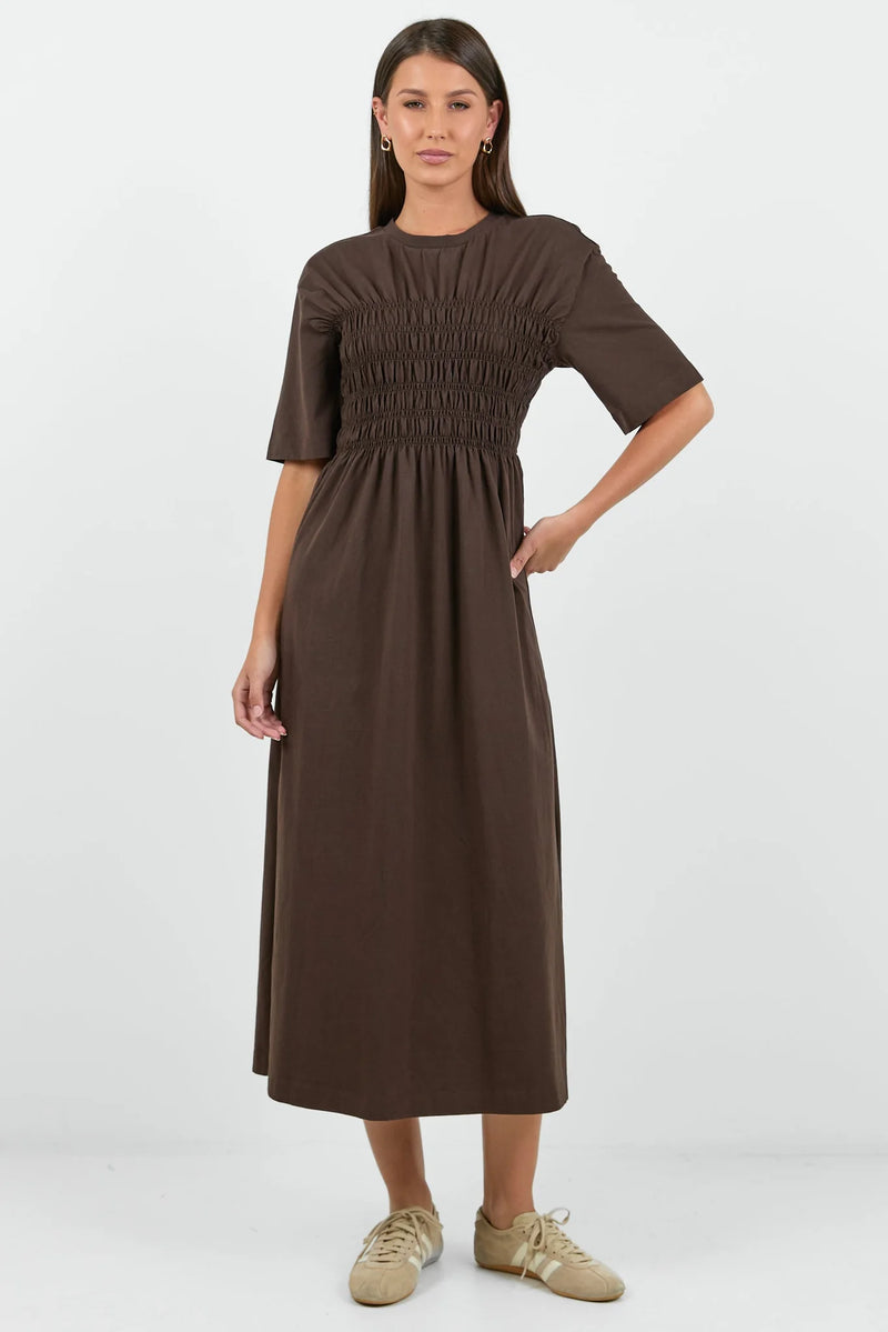 brown ripple dress Stories Be Told Chocolate Shirred Bodice Short Sleeve Knit Midi – Stitch Boutique colored dress serves as Style_Romper Dress Elegant Black Beaded Wedding Color:Light Blue Leather