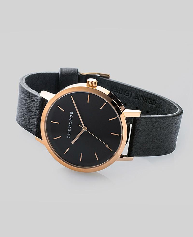 The Horse Watch Polished Rose Gold/Black Face/Black Leather