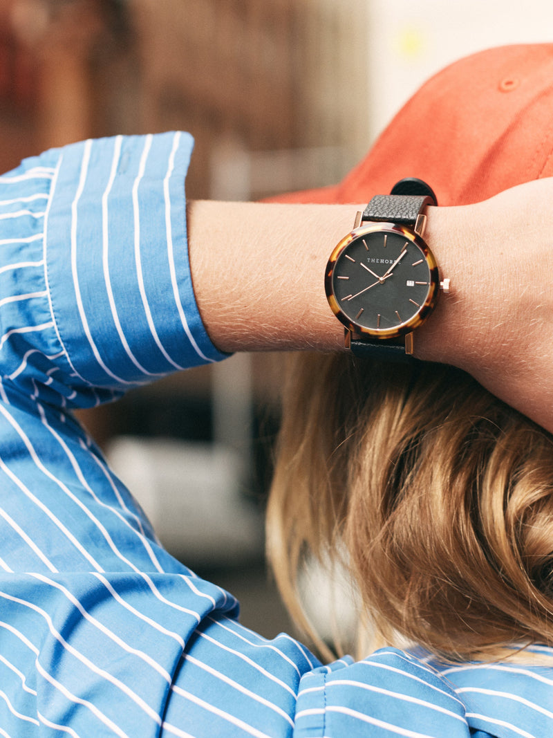 The Horse Watch - Limited Edition Resin (Brown Tortoise, Matte Black/Rose Gold Dial, Black Leather)