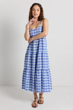 Love Lulu Skip Blue Check Strappy Tiered Midi Dress - Blue Check