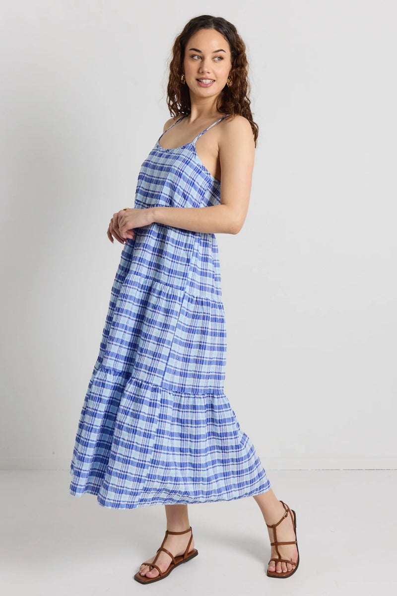 Love Lulu Skip Blue Check Strappy Tiered Midi Dress - Blue Check