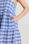 Love Lulu Skip Blue Check Strappy Tiered Midi Dress - Blue Check