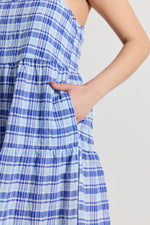 Love Lulu Skip Blue Check Strappy Tiered Midi Dress - Blue Check