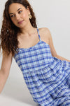 Love Lulu Skip Blue Check Strappy Tiered Midi Dress - Blue Check