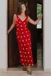 Georgia Mae Delightful Cherry Polka Dot Satin Bias Slip Maxi Dress - Cherry Polka Dot