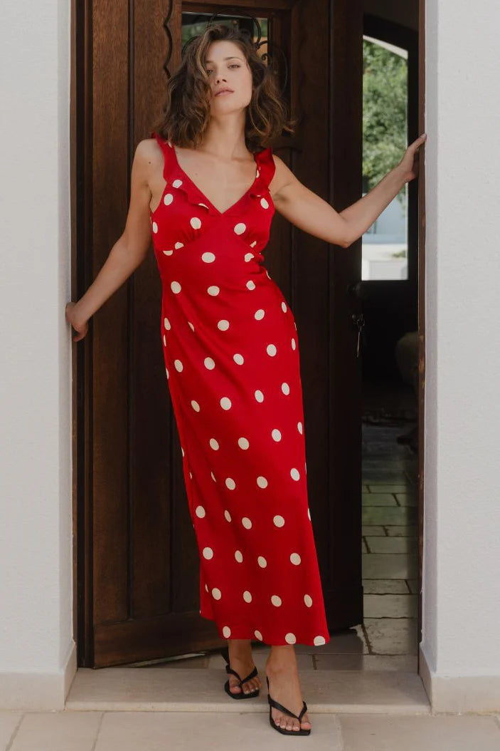 Georgia Mae Delightful Cherry Polka Dot Satin Bias Slip Maxi Dress - Cherry Polka Dot