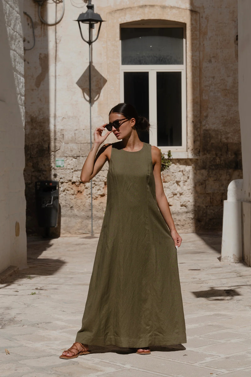 RE: Union Easygoing Khaki Linen Blend Sleeveless Crew Neck Midi Dress