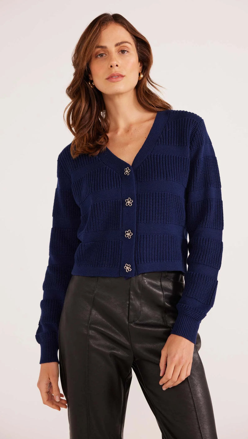 Mink Pink Macy Stripe Rib Knit Cardi - Navy