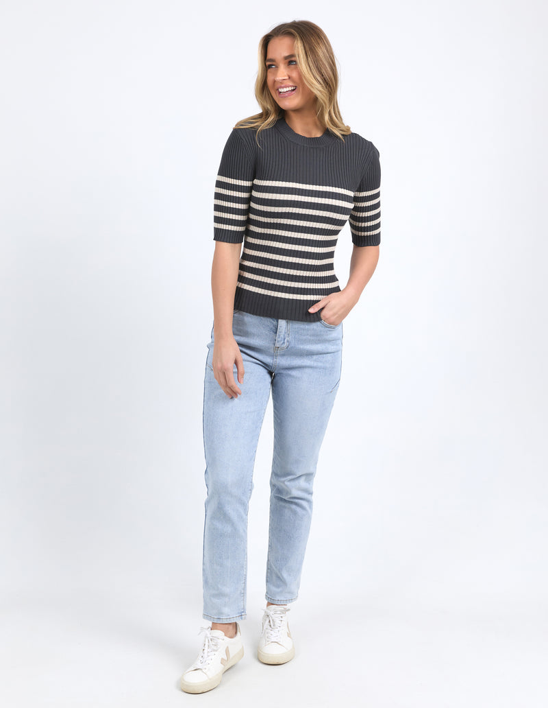 Foxwood Sydney Knit Top - Charcoal/Oatmeal Stripe