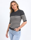 Foxwood Sydney Knit Top - Charcoal/Oatmeal Stripe