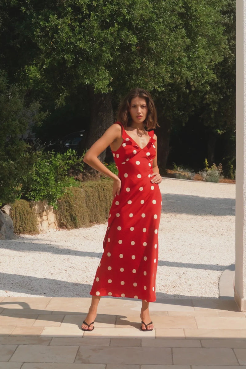 Georgia Mae Delightful Cherry Polka Dot Satin Bias Slip Maxi Dress - Cherry Polka Dot