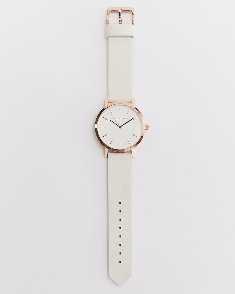 The Horse Watch - Polished Rose Gold / White Face / Milk Leather