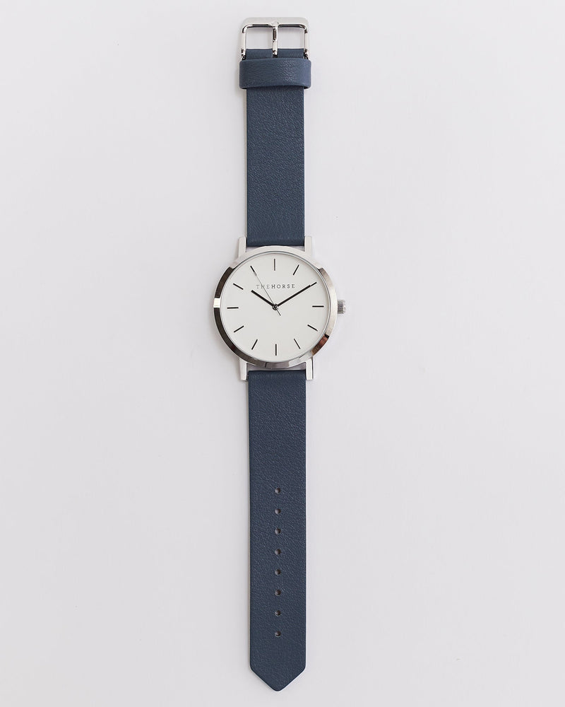 The Horse Watch - Polished Steel / White Face / Stonewash Leather