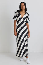 Among the Brave Amora Black White Stripe SS Bias Midi Dress