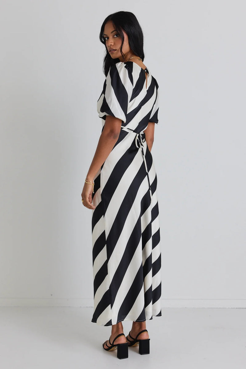 Among the Brave Amora Black White Stripe SS Bias Midi Dress