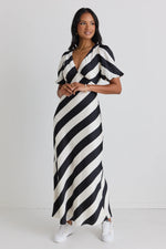 Among the Brave Amora Black White Stripe SS Bias Midi Dress