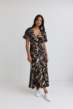 Among the Brave Anticipate Black Caramel Abstract Satin Kimono Short Sleeve Bias Maxi Dress