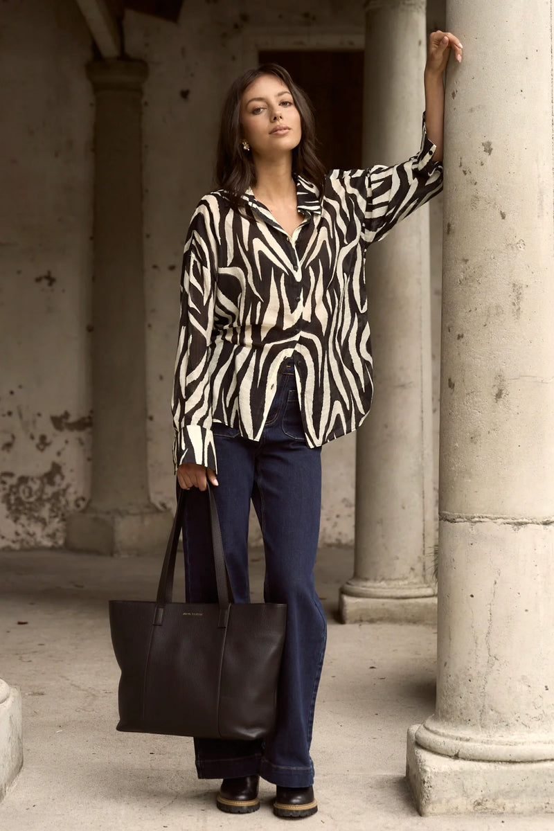 Among The Brave Architect Black Tiger Print Long Sleeve Blouse - Black Tiger Print