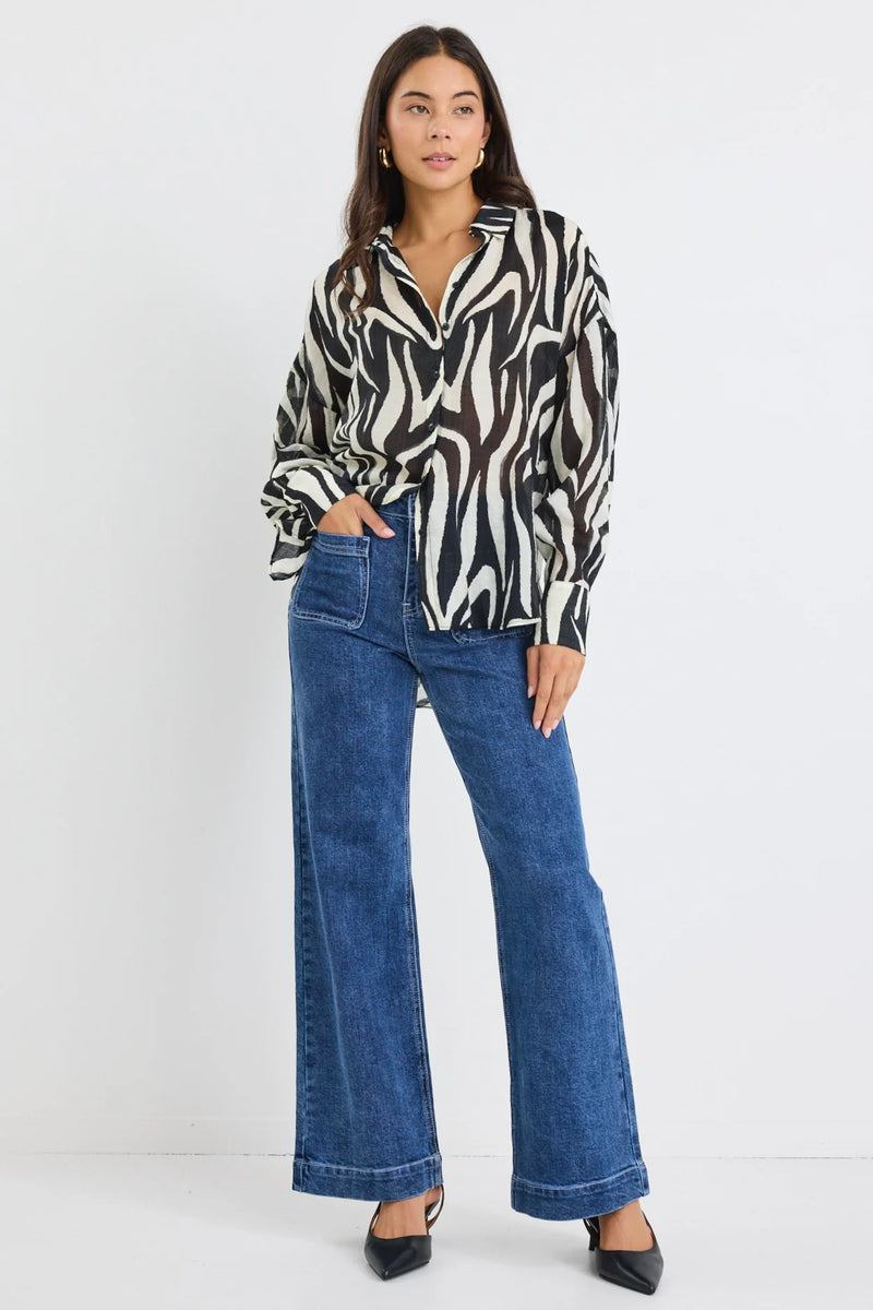 Among The Brave Architect Black Tiger Print Long Sleeve Blouse - Black Tiger Print