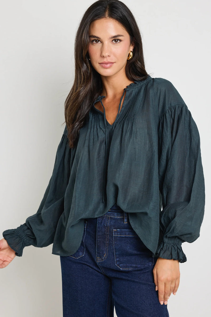 Ivy + Jack Refined Deep Forest LS Pintuck Top - Deep Forest