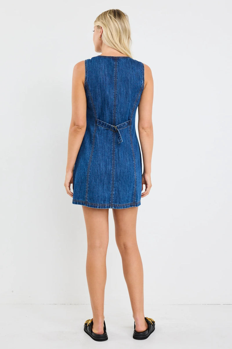 Among The Brave Avenue Marine Blue Denim Mini Vest Dress - Marine Blue