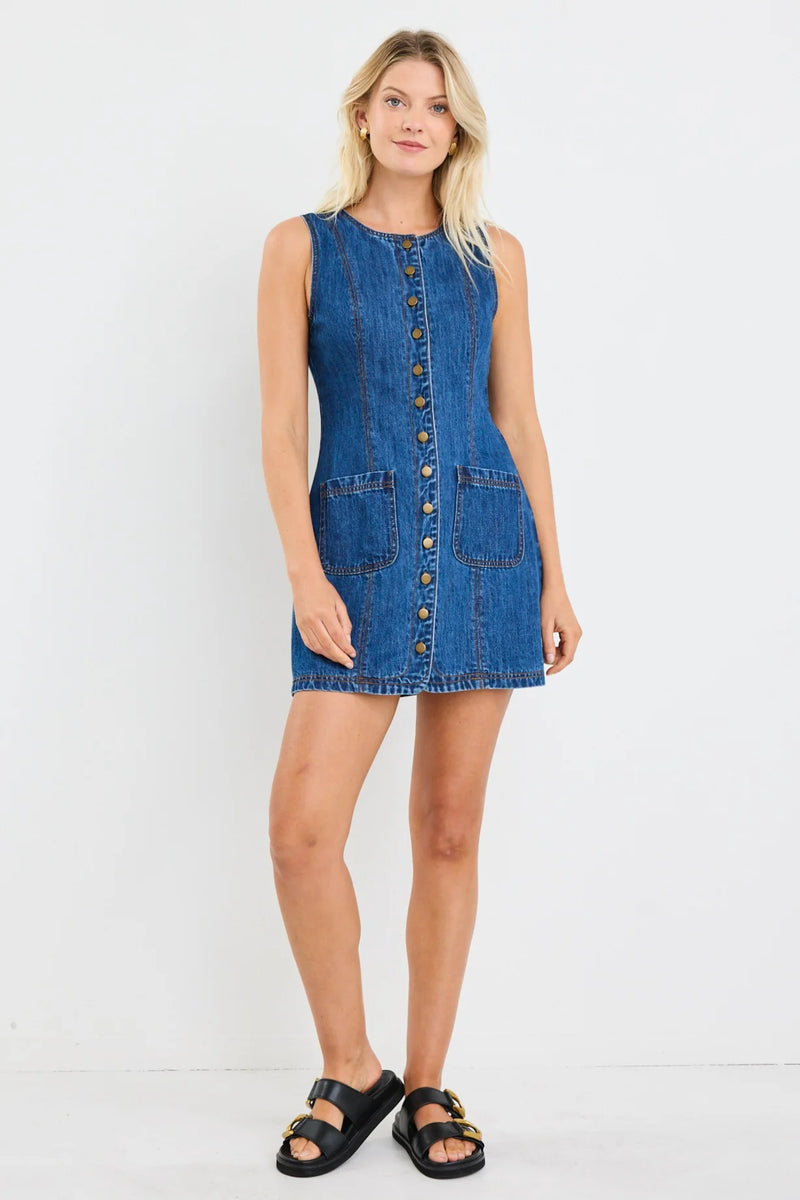 Among The Brave Avenue Marine Blue Denim Mini Vest Dress - Marine Blue
