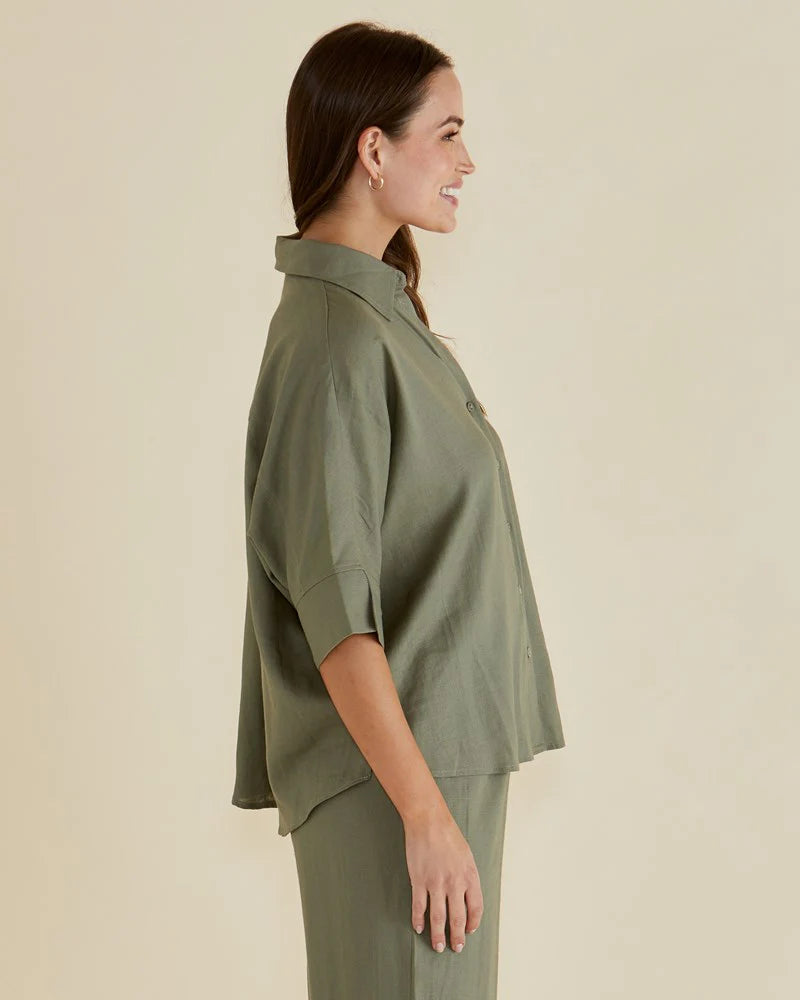 Betty Basics Lynwood Linen Shirt - Olive