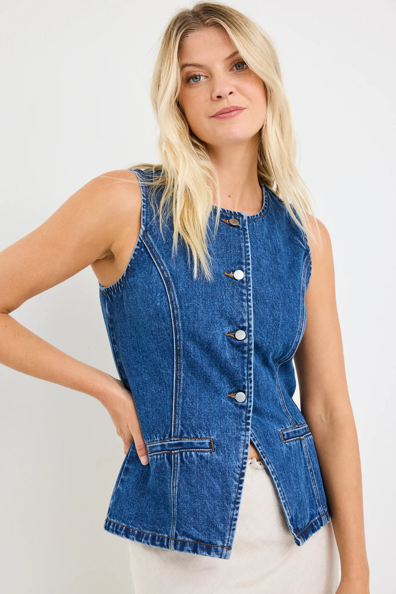 Among The Brave Baseline Marine Blue Denim Vest Top - Marine Blue