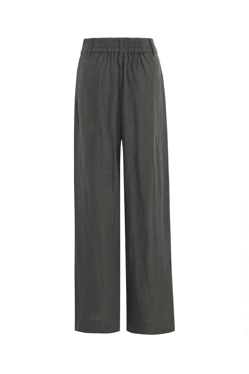 By Rosa - Bestow Dark Olive Linen Elastic Back Wide Leg Pants - Dark Olive