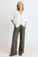 By Rosa - Bestow Dark Olive Linen Elastic Back Wide Leg Pants - Dark Olive