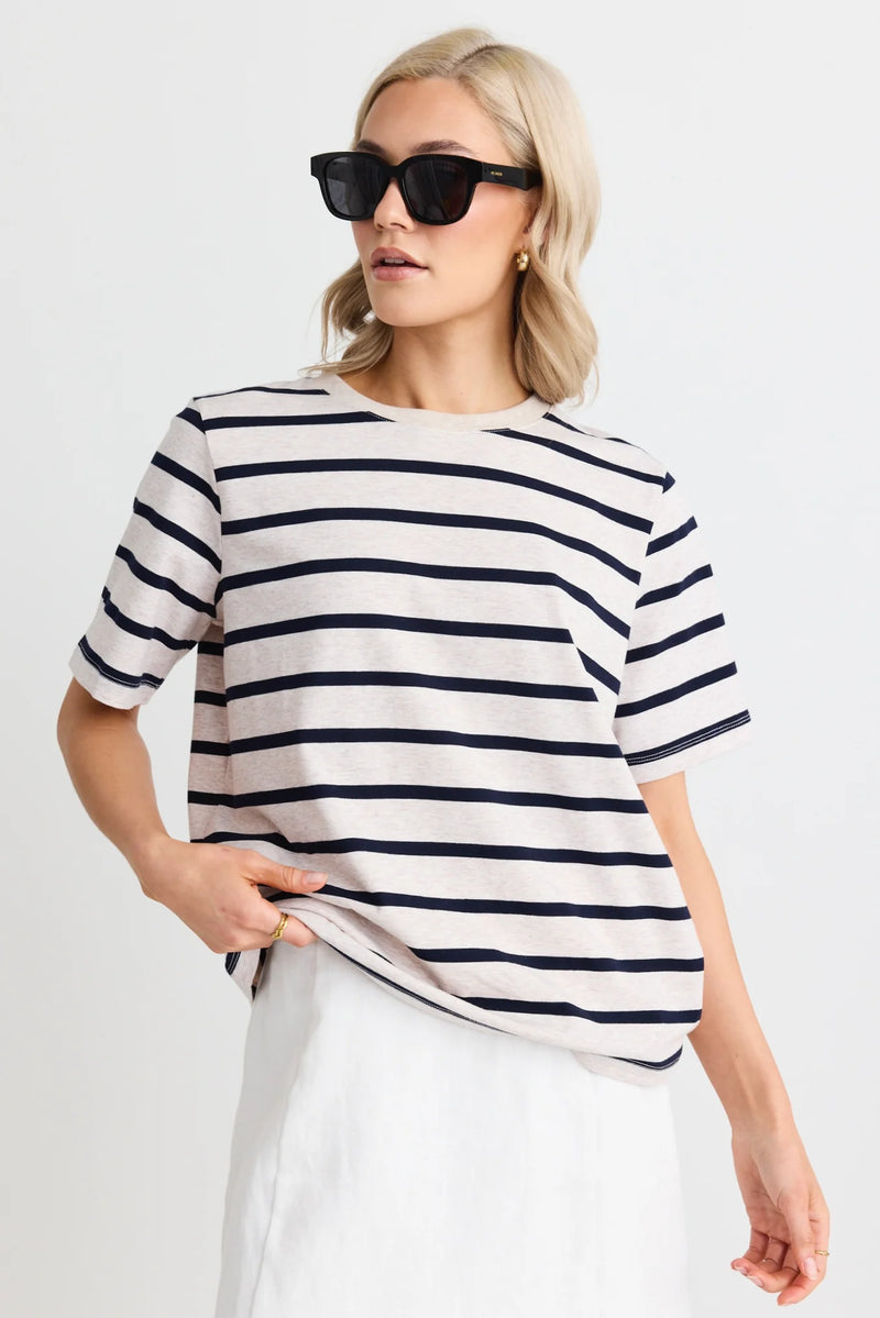 RE: Union Binding Ecru Navy Stripe Boxy Fit Tee - Ecru Navy Stripe