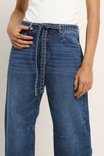Stories Be Told Campus Deep Blue Tie Waist Barrel Jeans