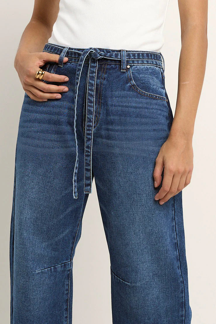Stories Be Told Campus Deep Blue Tie Waist Barrel Jeans