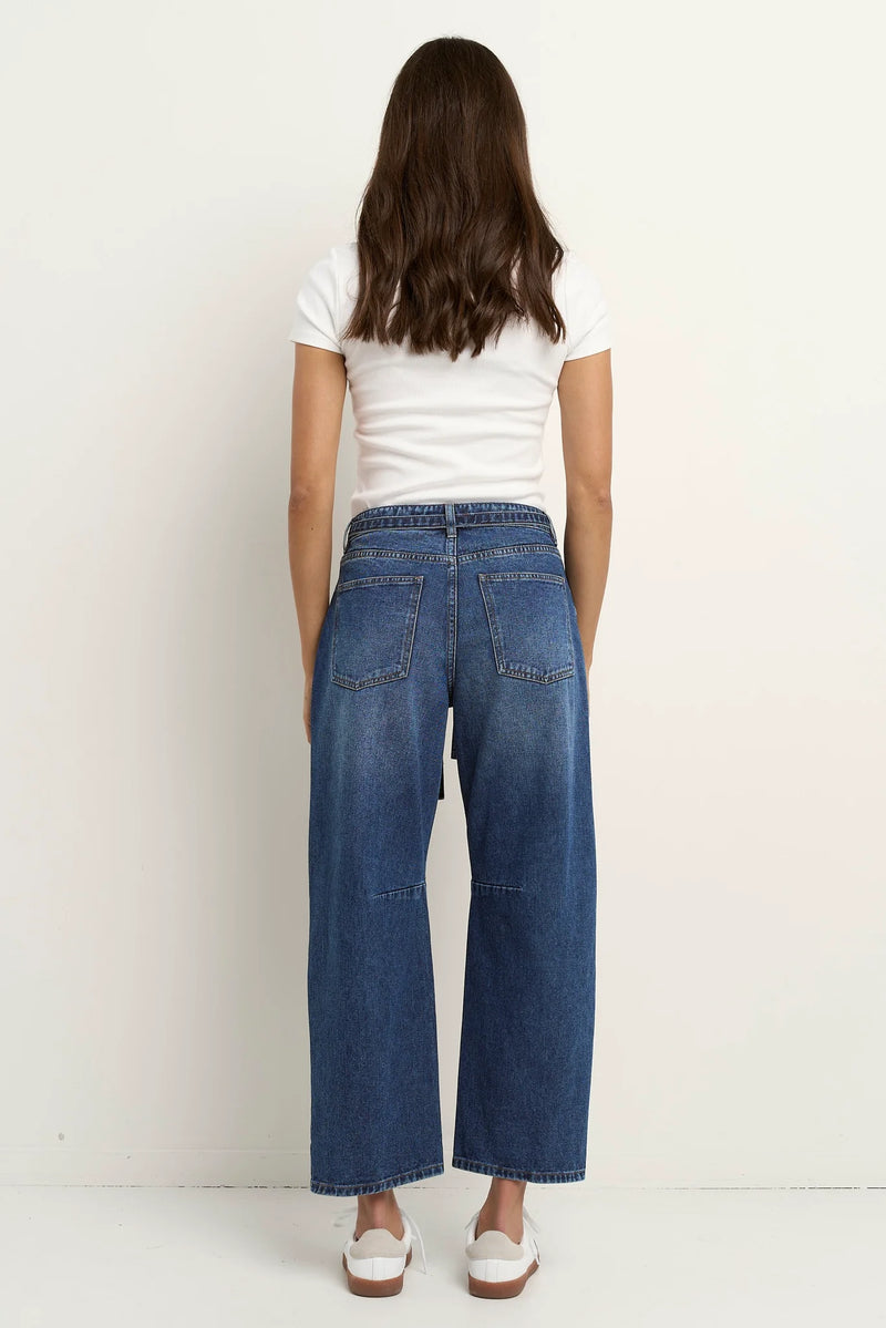 Stories Be Told Campus Deep Blue Tie Waist Barrel Jeans