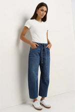 Stories Be Told Campus Deep Blue Tie Waist Barrel Jeans