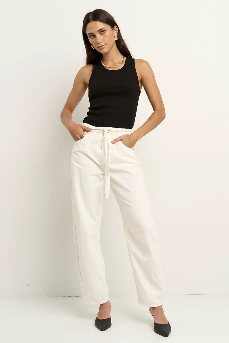 Stories Be Told Campus Ecru Tie Waist Barrel Jeans