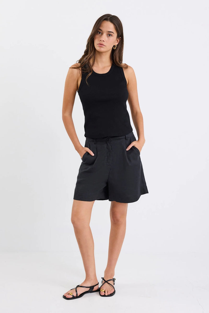 Stories Be Told Literal Black Linen Pleat Front Shorts