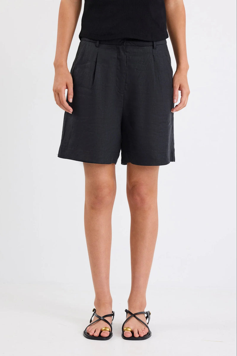 Stories Be Told Literal Black Linen Pleat Front Shorts
