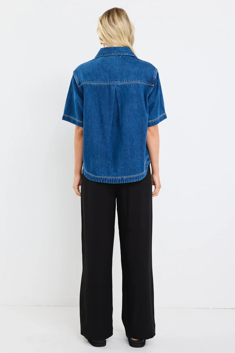 Stories Be Told Crucial Storm Blue Denim Short Sleeve Shacket - Storm Blue