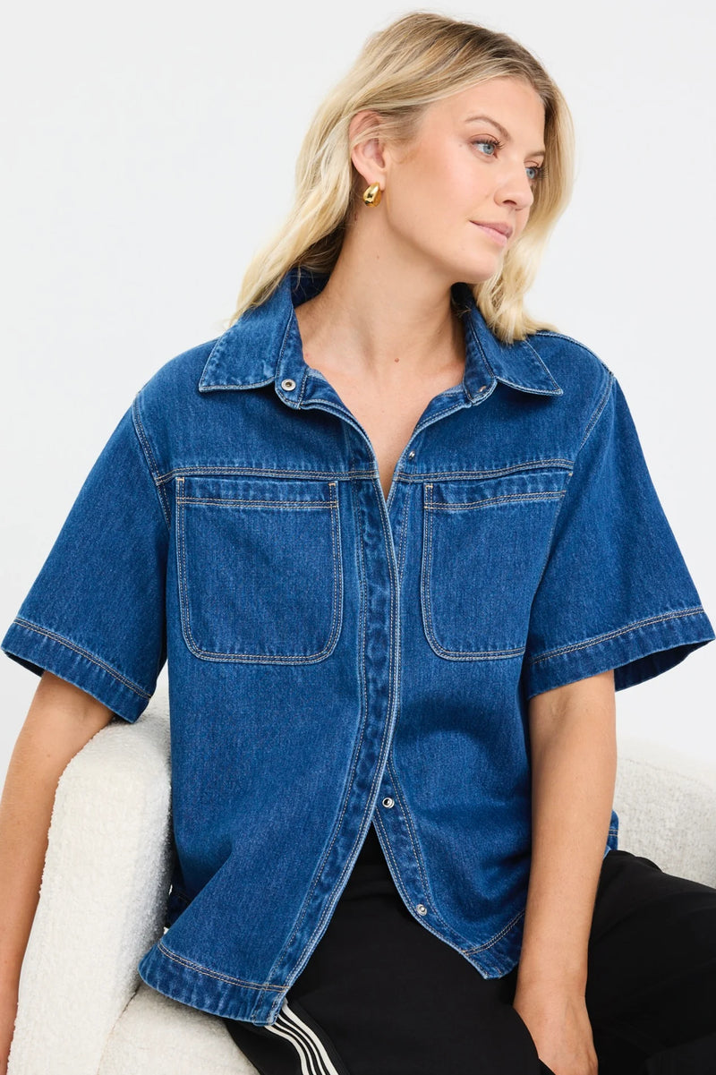 Stories Be Told Crucial Storm Blue Denim Short Sleeve Shacket - Storm Blue