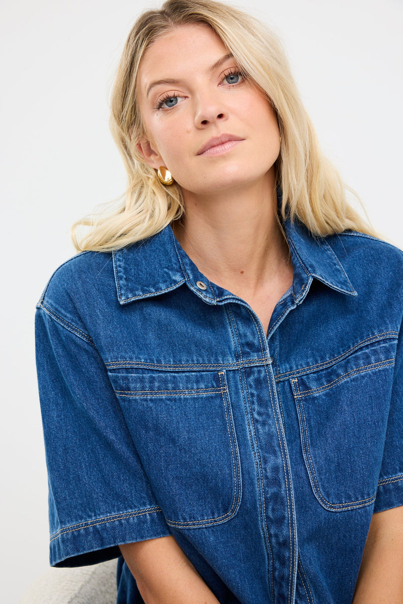 Stories Be Told Crucial Storm Blue Denim Short Sleeve Shacket - Storm Blue