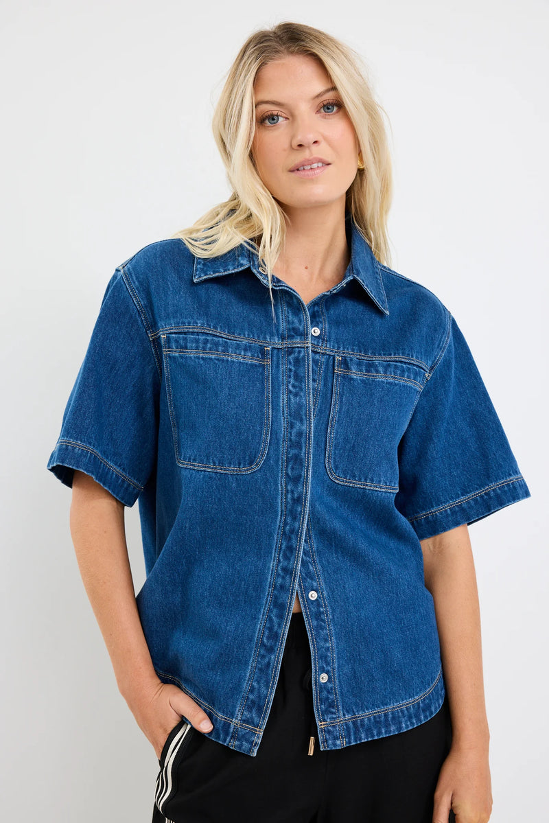 Stories Be Told Crucial Storm Blue Denim Short Sleeve Shacket - Storm Blue