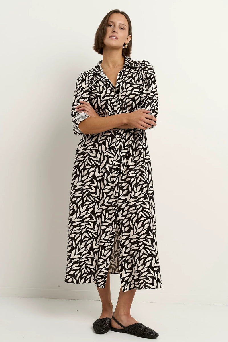 Among The Brave Cyprus Black Leaves LS Shirt Midi Dress - Black Leaves