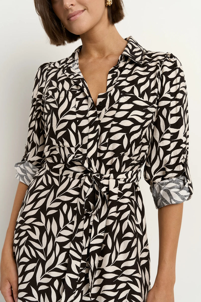 Among The Brave Cyprus Black Leaves LS Shirt Midi Dress - Black Leaves