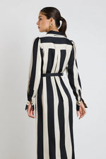 Among The Brave Cyprus Black Sand Stripe Satin LS Shirt Midi Dress - Black Sand Stripe