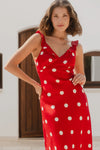Georgia Mae Delightful Cherry Polka Dot Satin Bias Slip Maxi Dress - Cherry Polka Dot