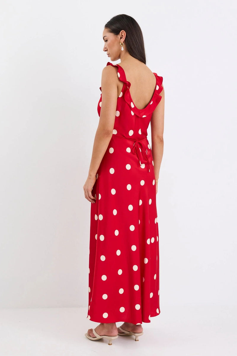 Georgia Mae Delightful Cherry Polka Dot Satin Bias Slip Maxi Dress - Cherry Polka Dot