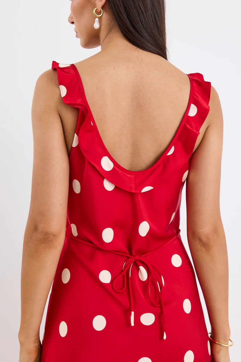 Georgia Mae Delightful Cherry Polka Dot Satin Bias Slip Maxi Dress - Cherry Polka Dot