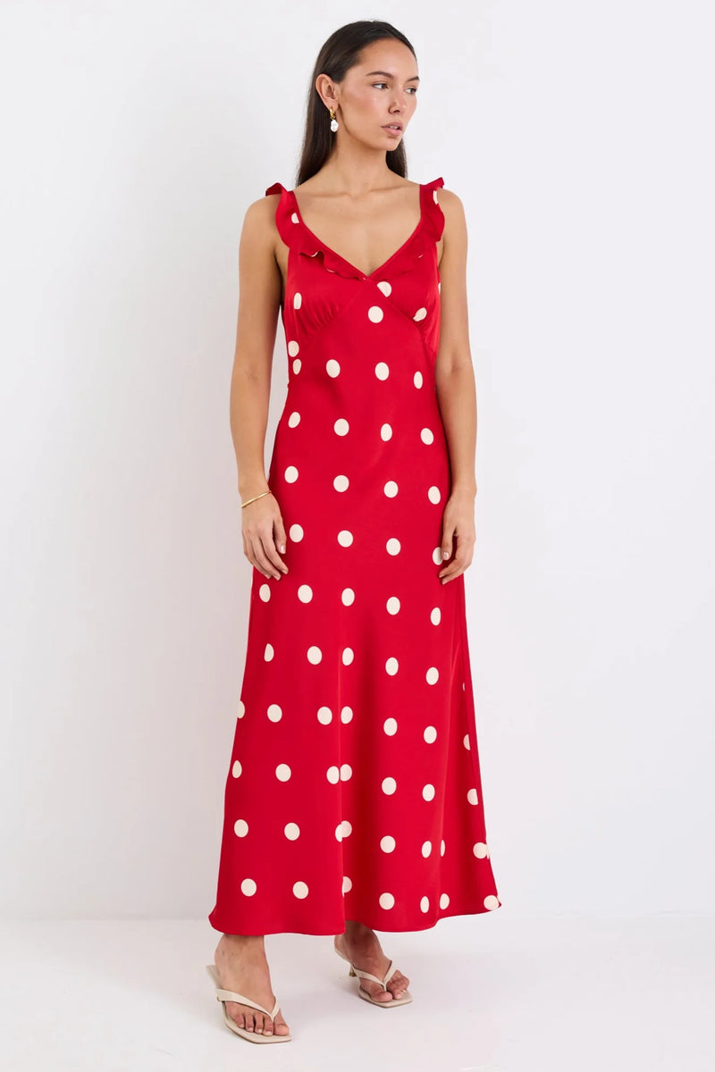 Georgia Mae Delightful Cherry Polka Dot Satin Bias Slip Maxi Dress - Cherry Polka Dot